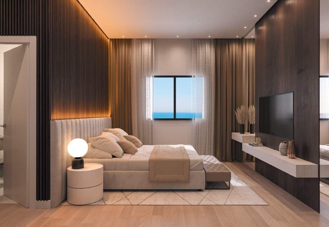 Suíte de um apartamento de 130 m² do Serenity Residence, na Meia Praia, Itapema