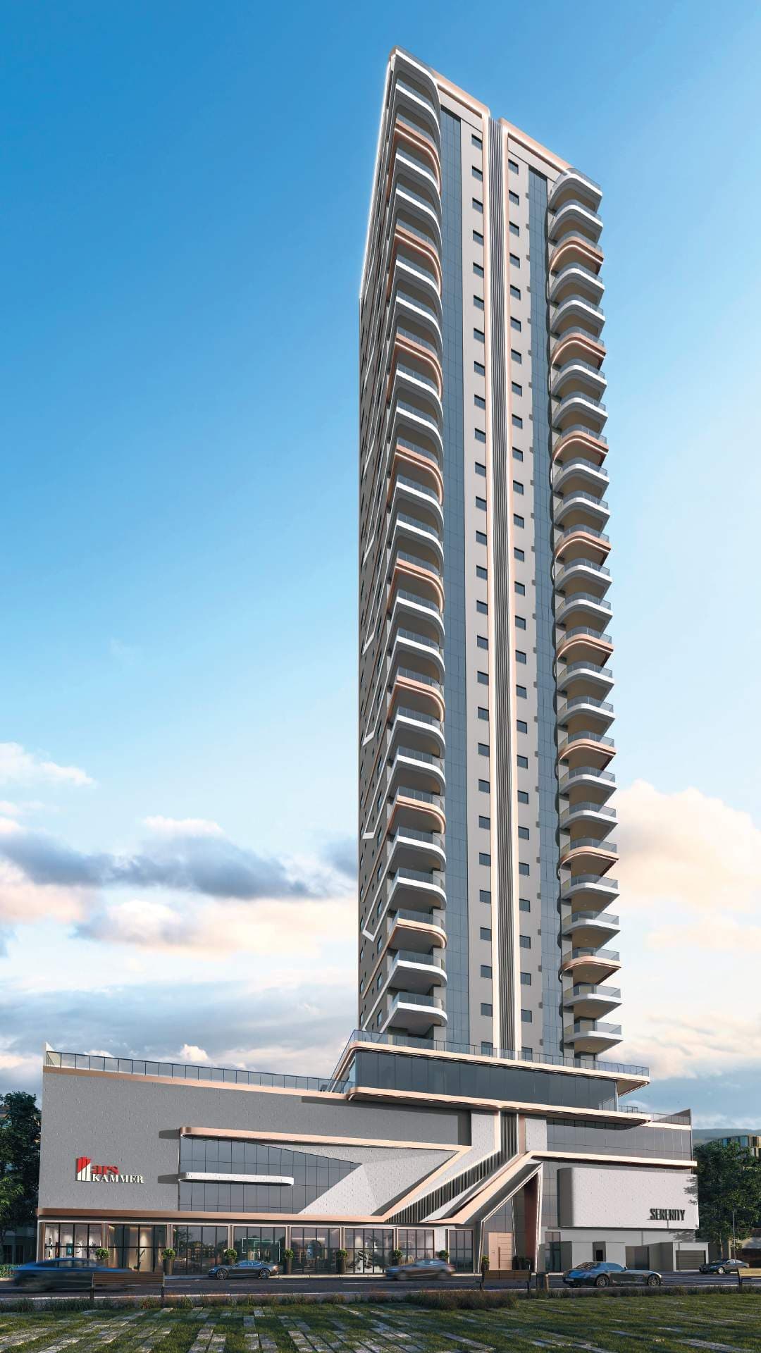 Torre residencial do Serenity vista da rua, na Meia Praia, Itapema