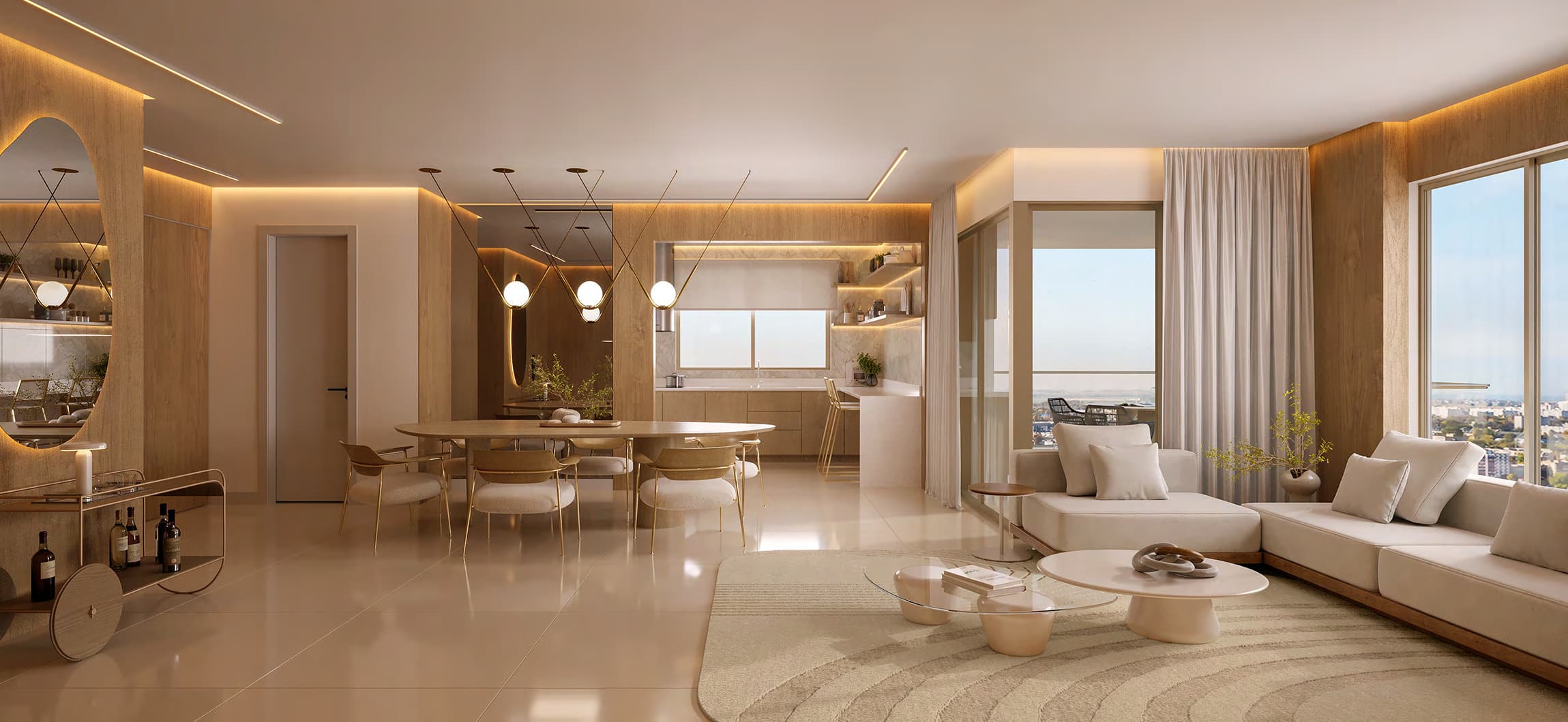 Living integrado de um apartamento do Solaris, em Meia Praia, Itapema