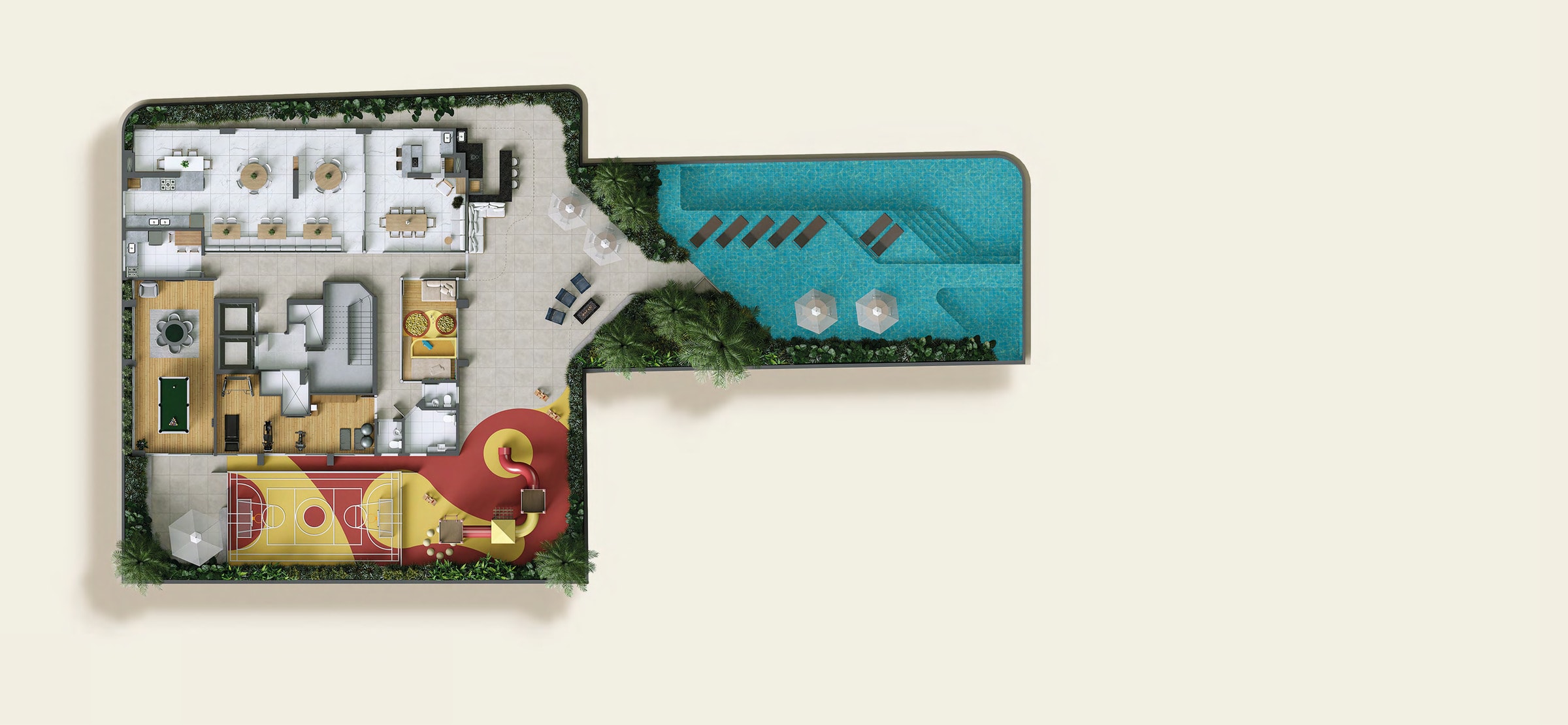 Planta da área de lazer de 868 m² do Solaris, com piscinas, mini quadra e salão de festas