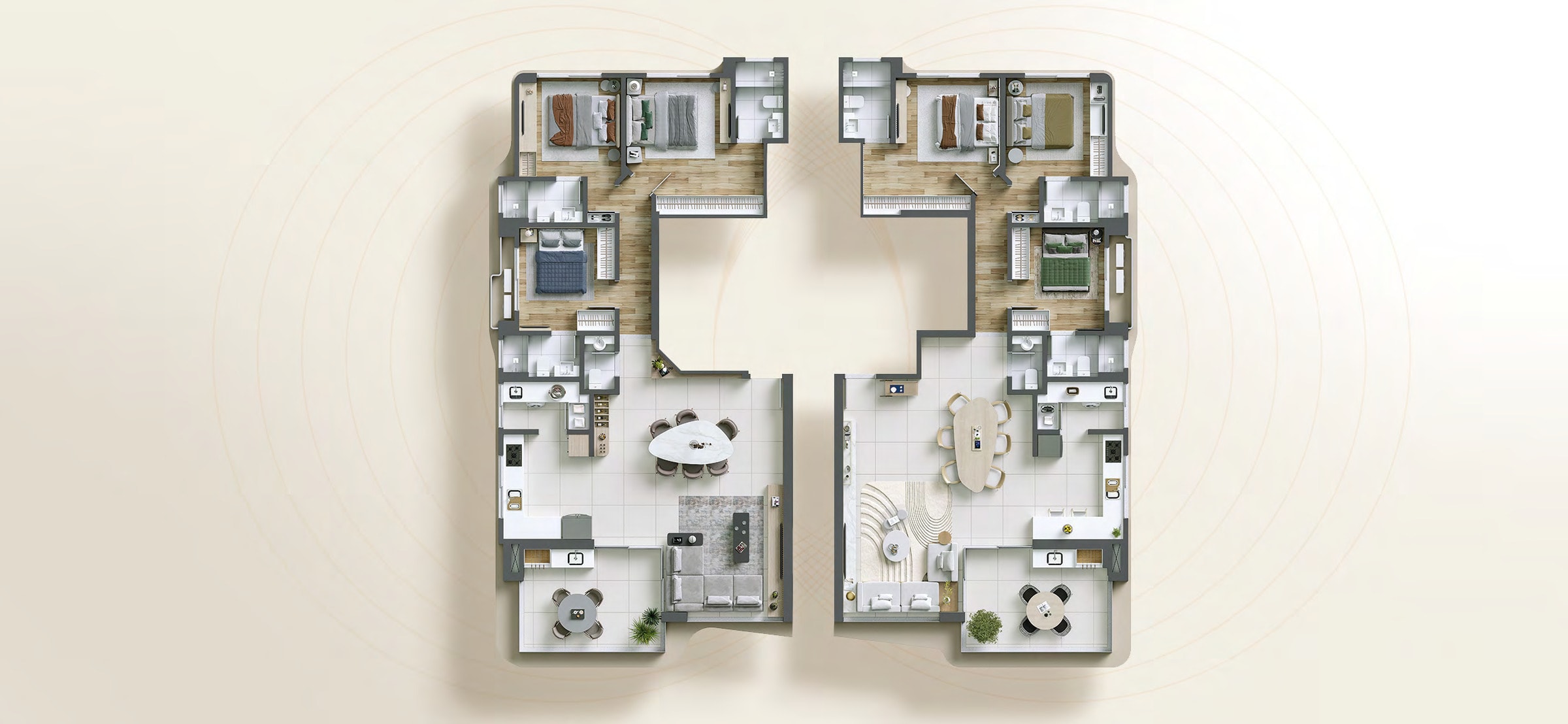 Planta do pavimento tipo do Solaris, com os apartamentos tipo 1 e tipo 2 de 3 suítes