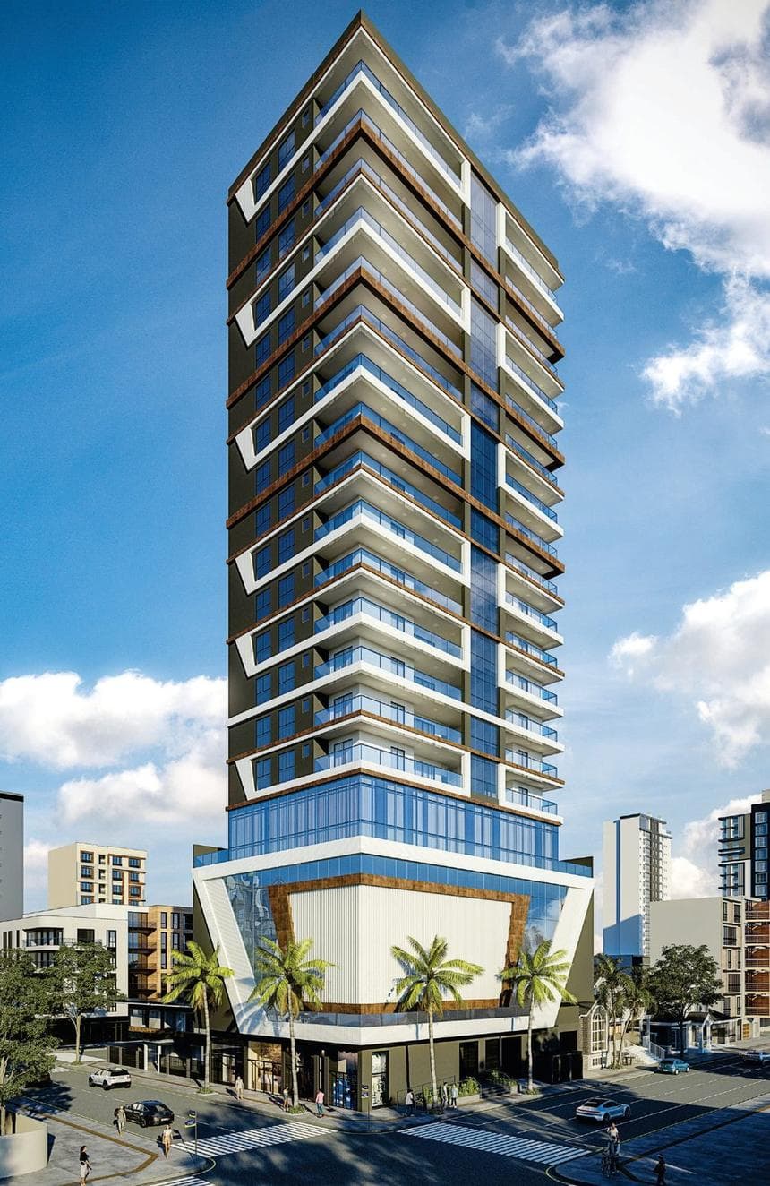 Fachada do Summit Tower Residence vista da esquina da Rua 288 com a Segunda Avenida, Meia Praia, Itapema
