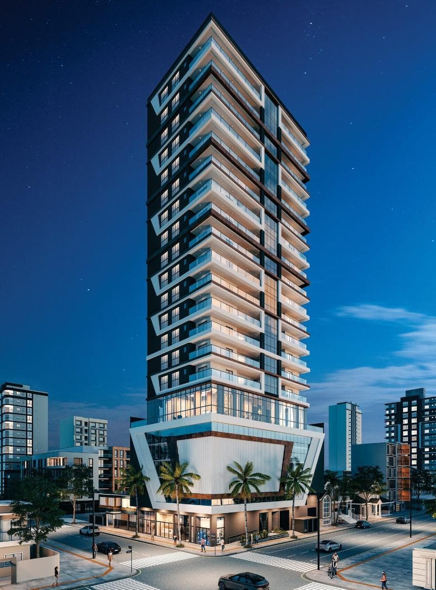 Torre do Summit Tower Residence à noite, na Rua 288, Meia Praia, Itapema