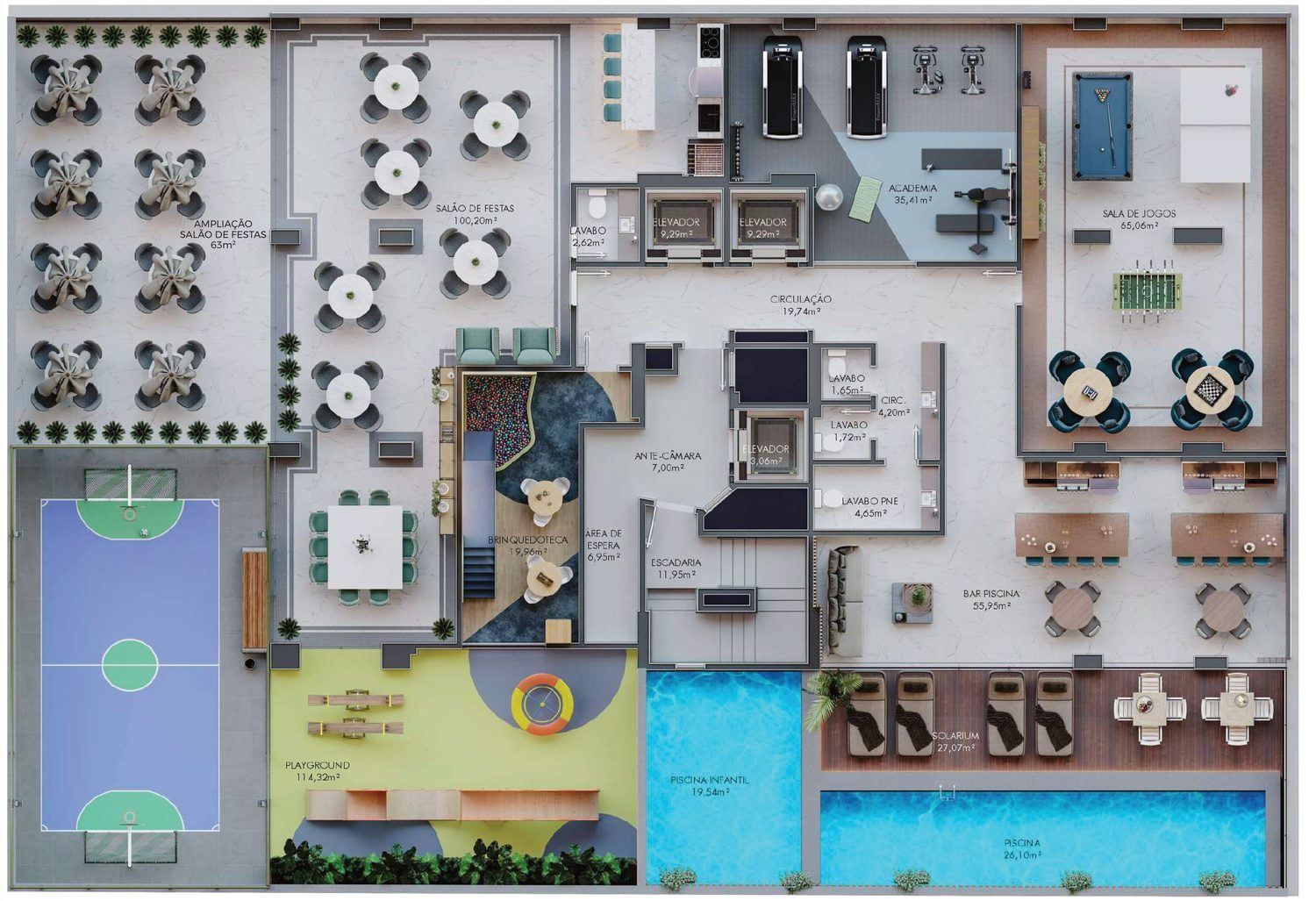 Planta do pavimento de lazer do Summit Tower, com 645 m², piscinas, quadra esportiva e salão de festas