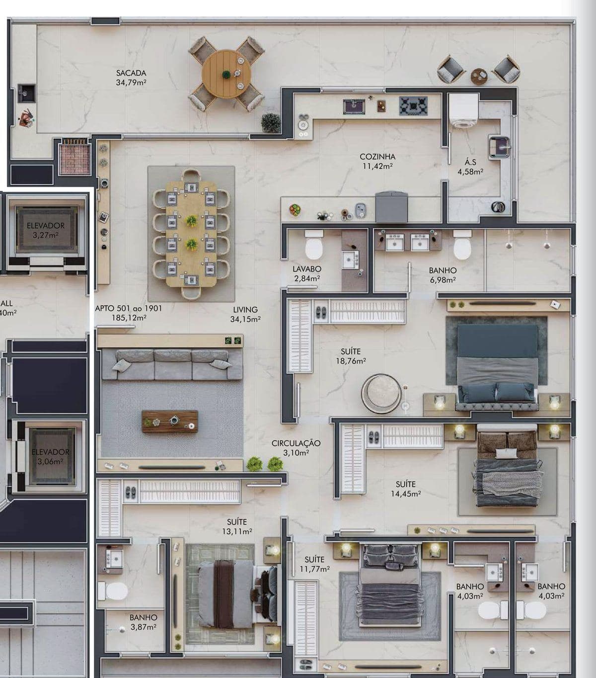 Planta do apartamento Tipo 01 do Summit Tower, com 185,12 m² e 4 suítes, na Meia Praia, Itapema