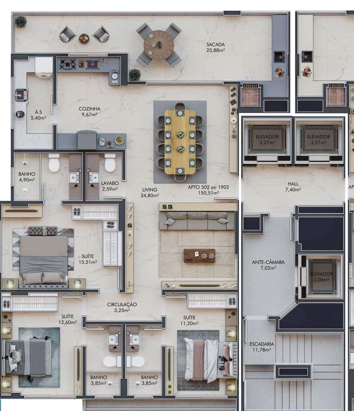 Planta do apartamento Tipo 02 do Summit Tower, com 150,51 m² e 3 suítes, na Meia Praia, Itapema