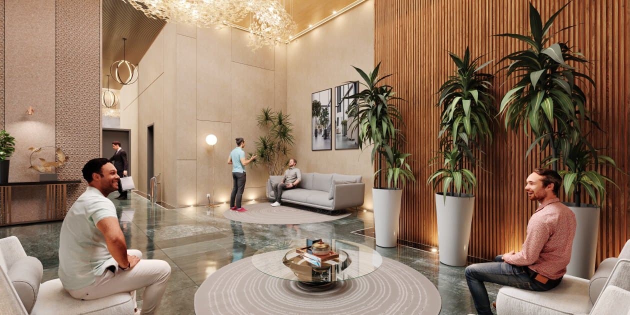 Hall de entrada do Sun Breeze Tower, com pé-direito de 5,25 metros