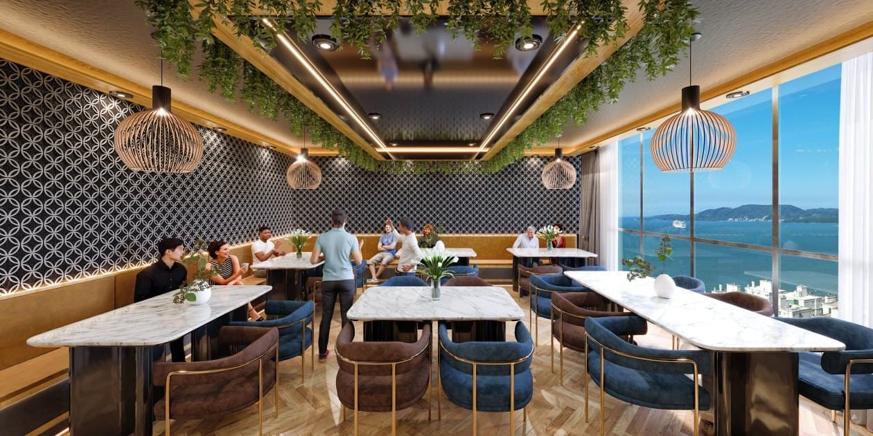 Lounge no rooftop do Sun Breeze Tower, na Meia Praia, Itapema