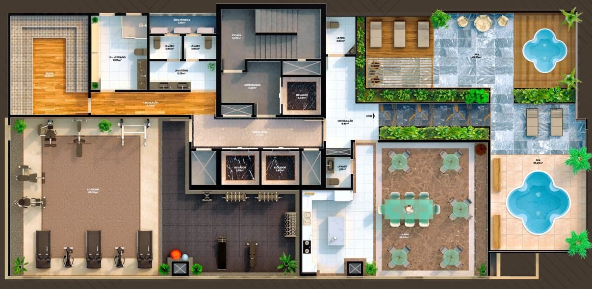 Planta do lazer no rooftop do Sun Breeze Tower