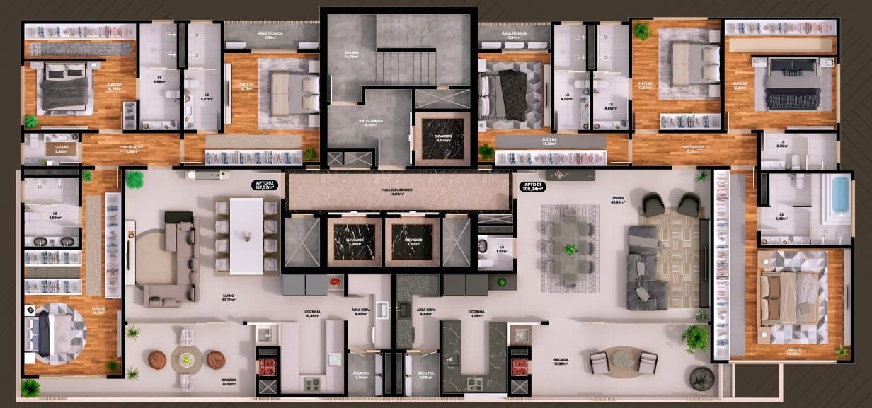 Pavimento tipo — os dois apartamentos por andar do Sun Breeze Tower, na Meia Praia, Itapema