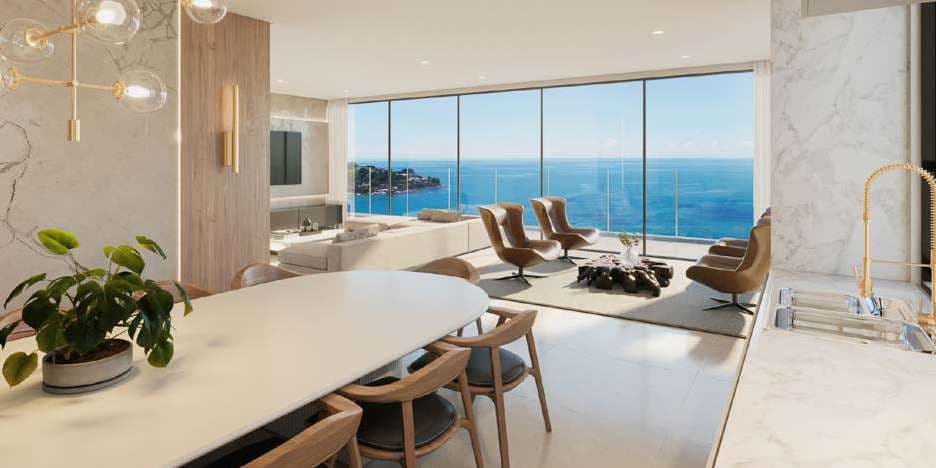 Sala de jantar e cozinha gourmet de apartamento do Sunny Coast, frente-mar