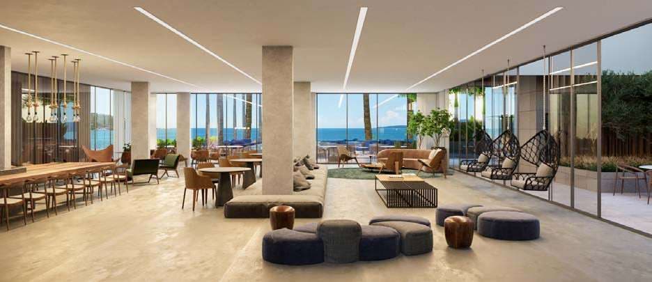 Lounge e salão de festas do Sunny Coast, com vista para o mar