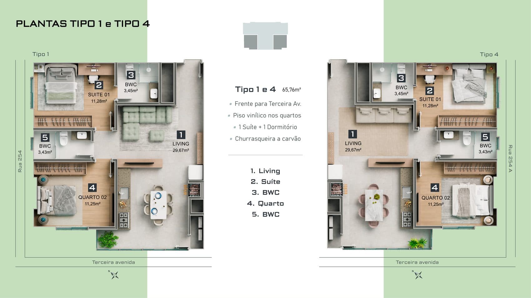 Planta do Tipos 1 e 4 do Sytonia Flats, 1 suíte + 1 dormitório de 65,76 m², na Meia Praia, Itapema