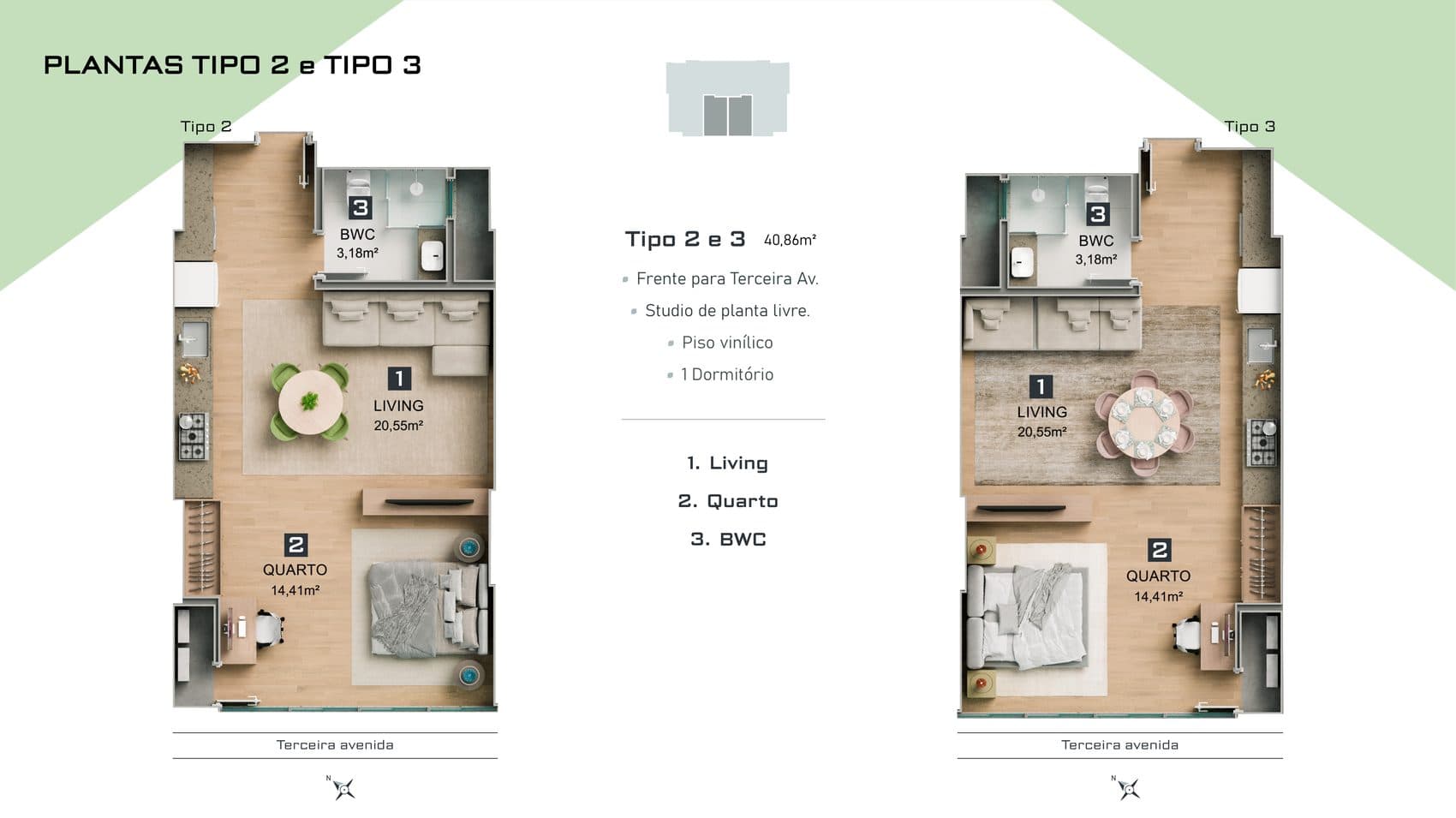 Planta do Tipos 2 e 3 do Sytonia Flats, Studio de planta livre de 40,86 m², na Meia Praia, Itapema