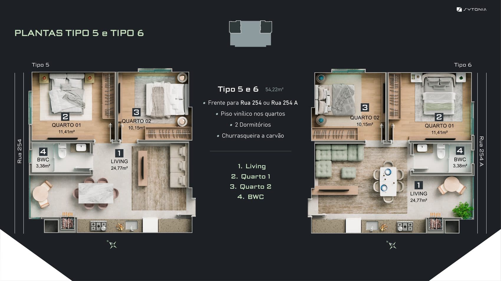 Planta do Tipos 5 e 6 do Sytonia Flats, 2 dormitórios de 54,22 m², na Meia Praia, Itapema
