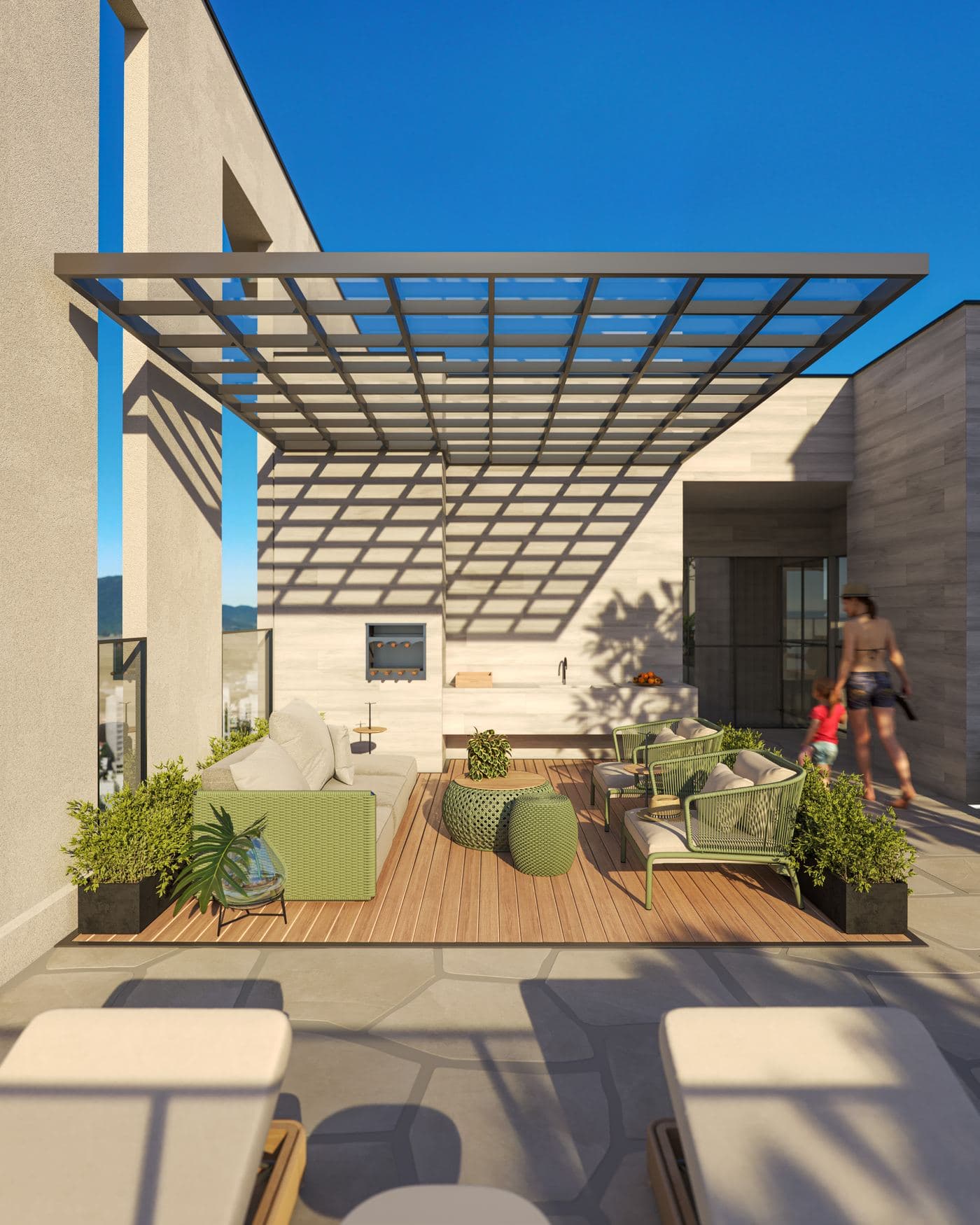Lounge da piscina no rooftop do Sytonia Flats, em Itapema