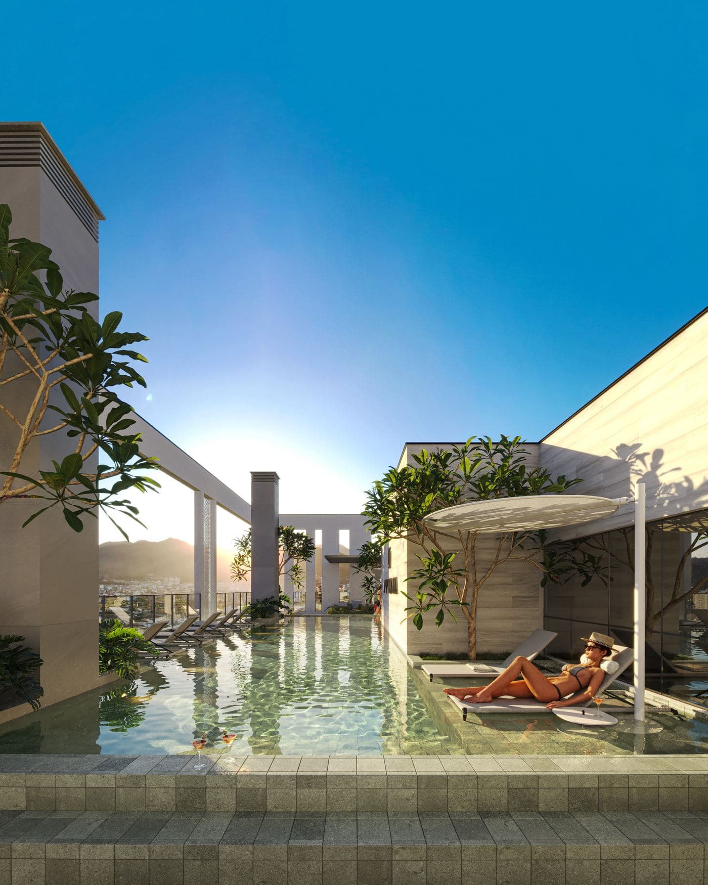 Piscina no rooftop do Sytonia Flats, na Meia Praia, Itapema