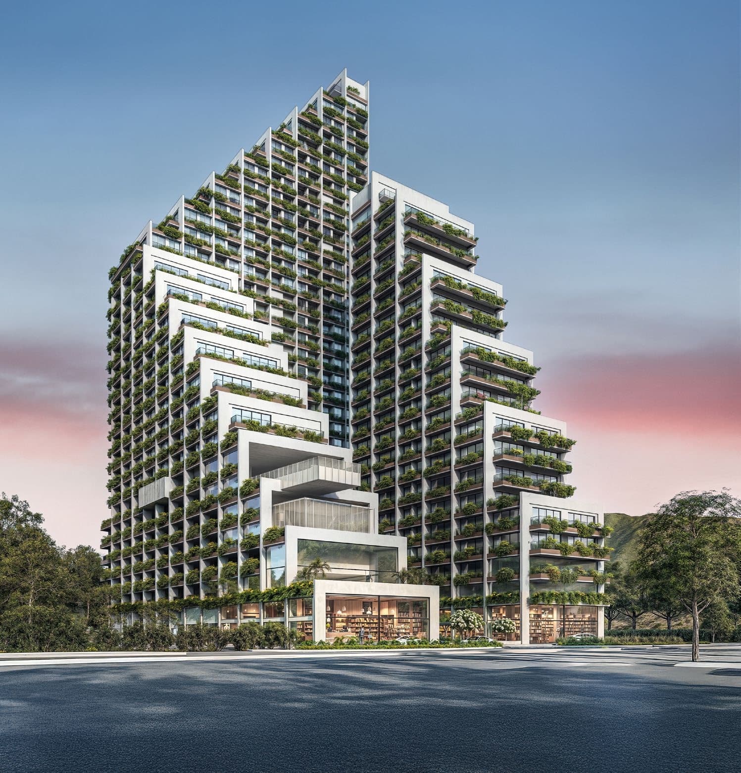 Fachada biofílica do Tekoá — torre escalonada com jardins verticais, geometria orgânica integrada à natureza