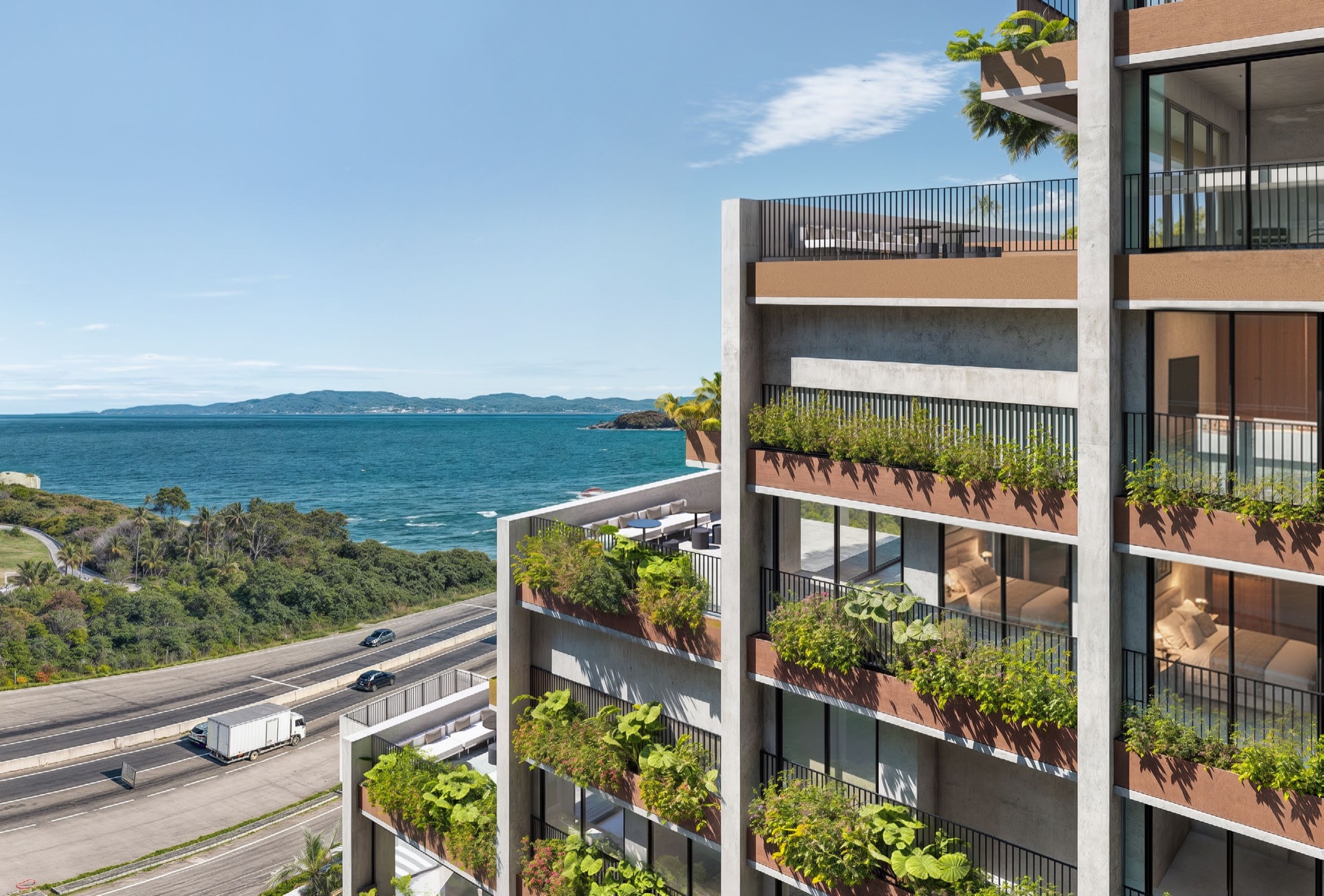Tekoá — vista aérea do empreendimento mixed-use com fachada biofílica entre Itapema e Balneário Camboriú/SC