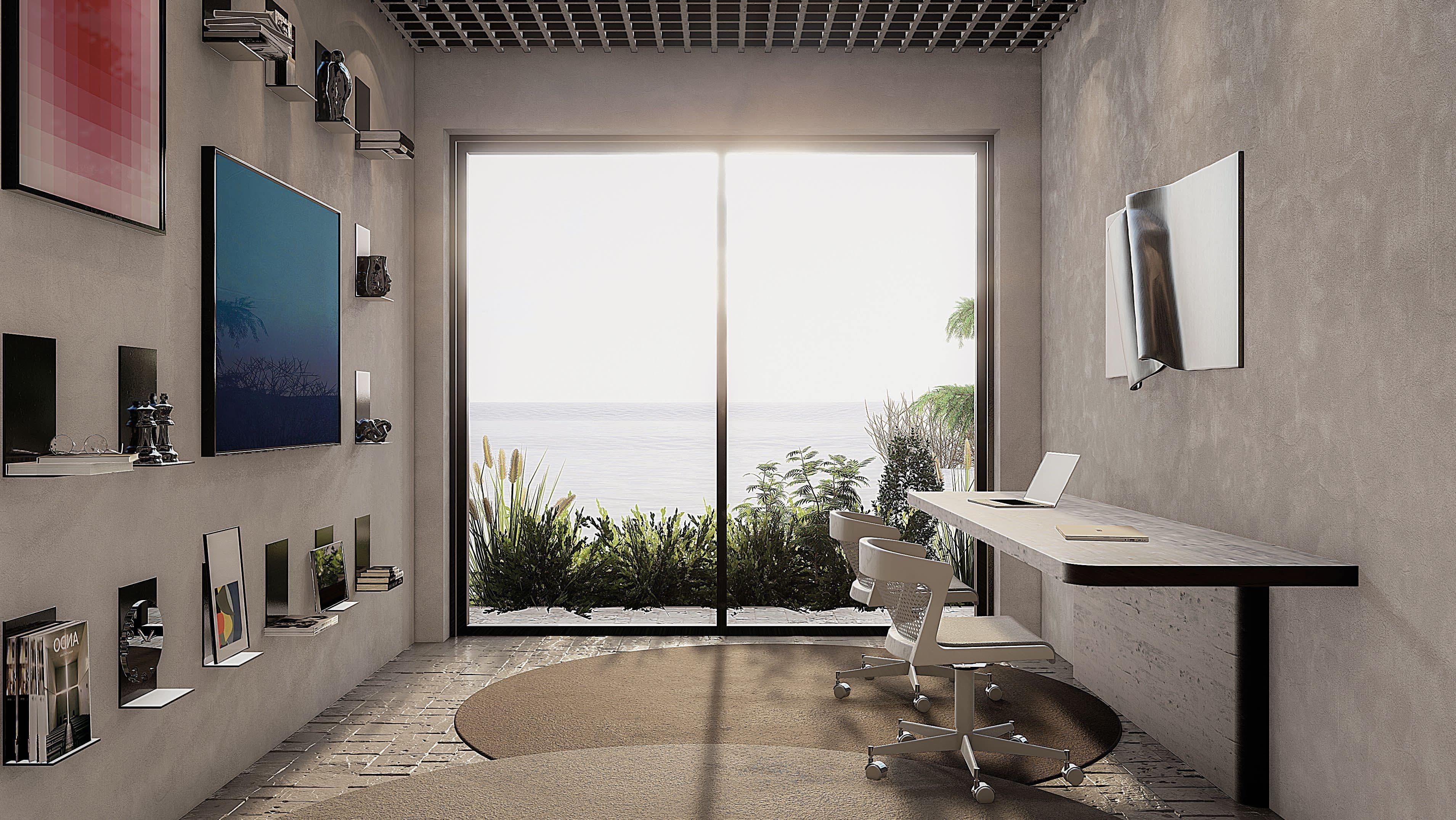 Sala 26m² do Tekoá com vista direta para o mar — escritório individual com janelão e luz natural