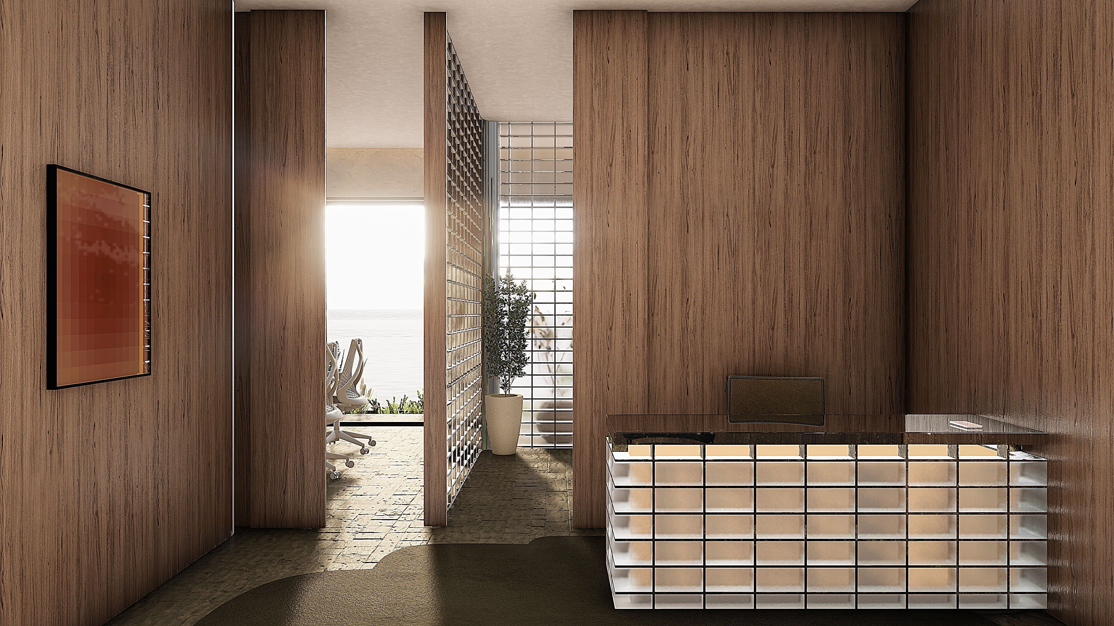 Sala 49m² do Tekoá com revestimento em madeira e divisórias de tijolo de vidro — recepção sofisticada