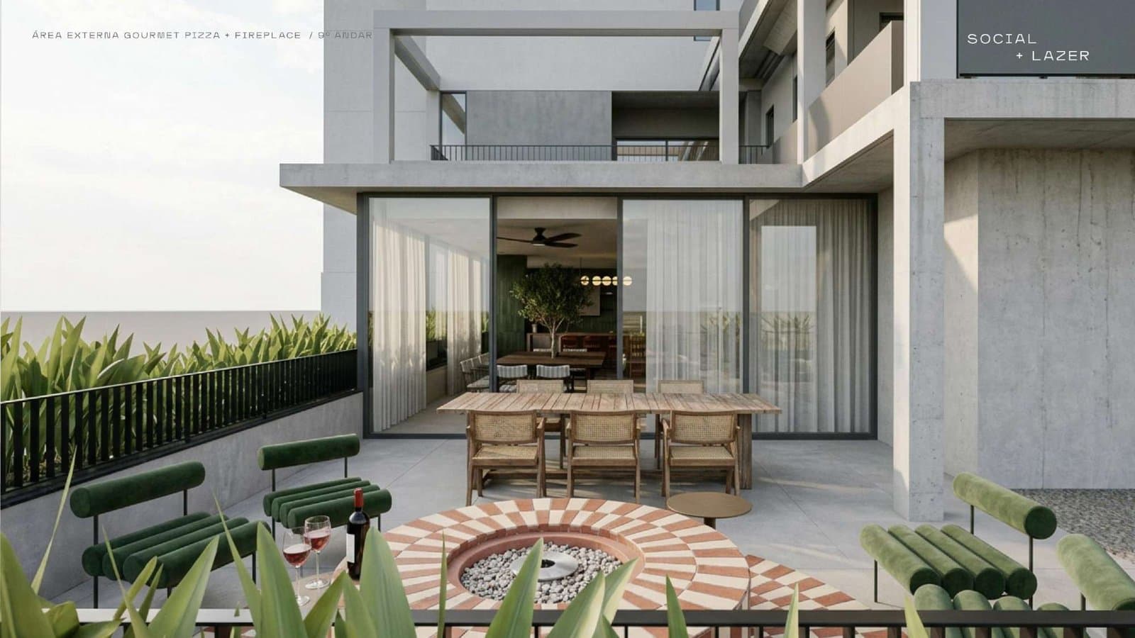Área externa gourmet com pizza e fireplace no Tenet