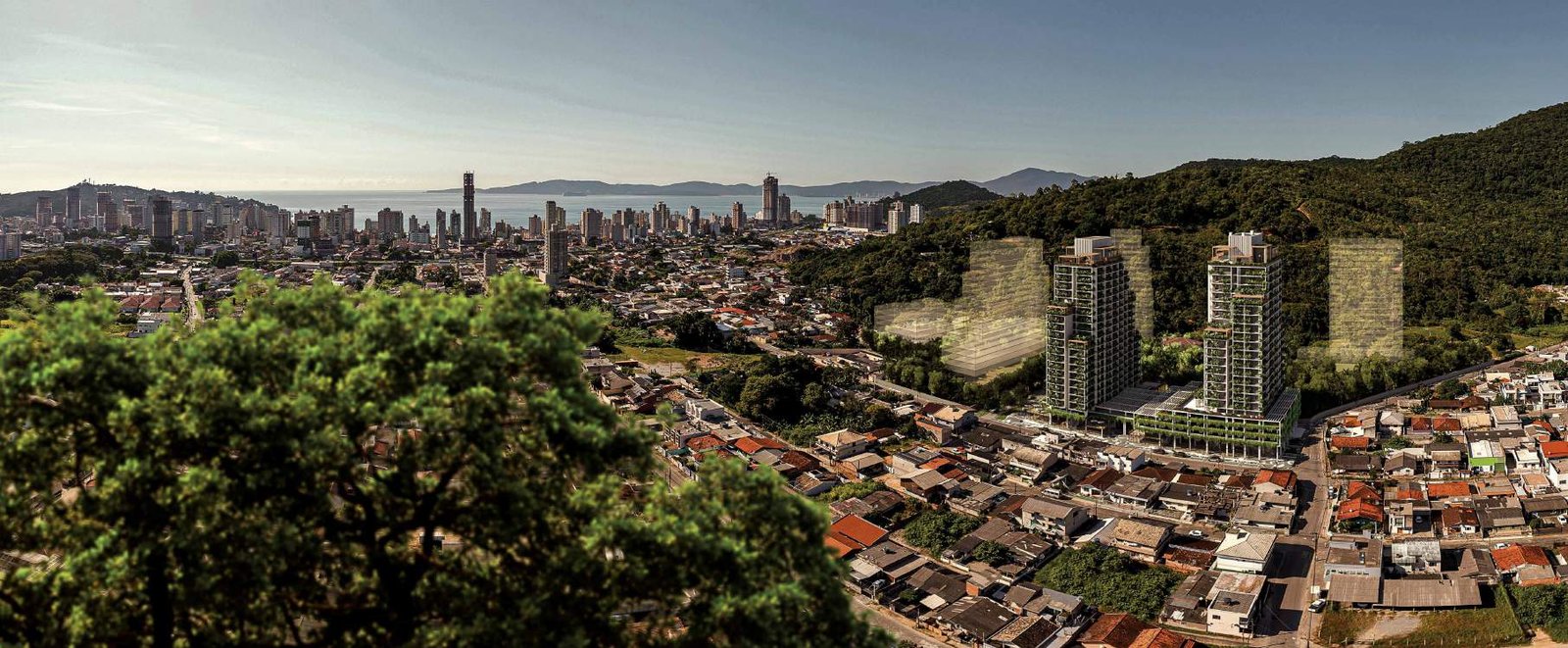 Tenet Art Home District — torres entre verde tropical e cidade de Itapema