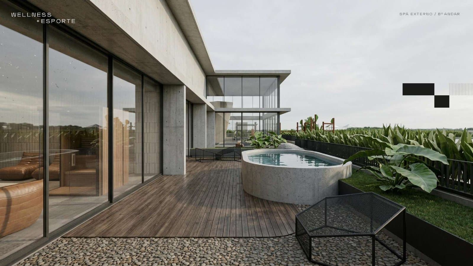Spa externo e deck do Tenet com vista para o parque