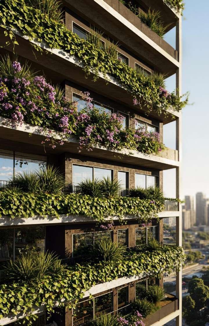 Fachada do Tenet com flores roxas e vegetação cascateando — sustentabilidade do começo ao fim