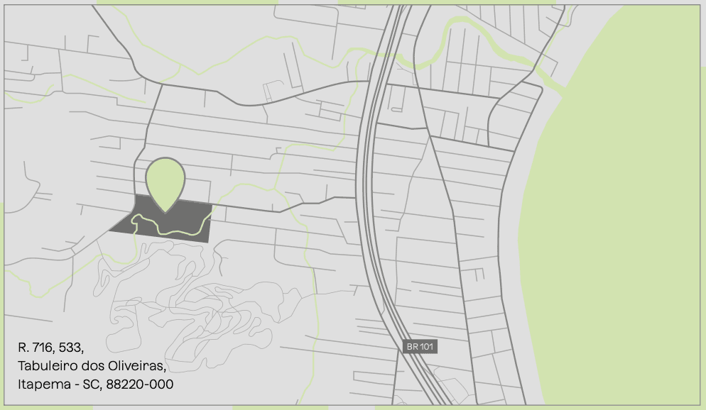 Mapa de localização do Tenet em Itapema — terreno extenso entre a BR 101 e a praia