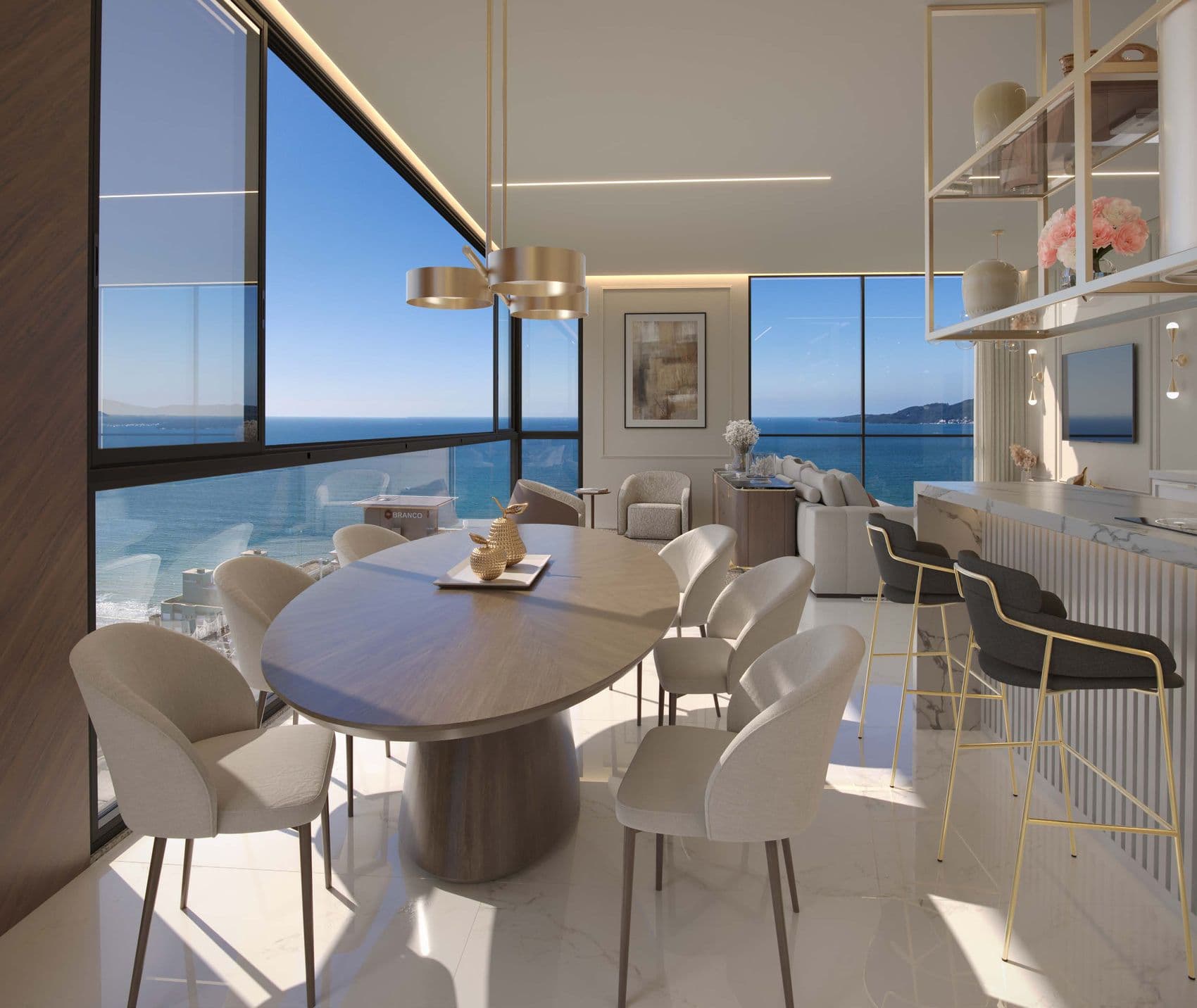 Sala de jantar integrada do apartamento tipo do The Breeze, em Itapema