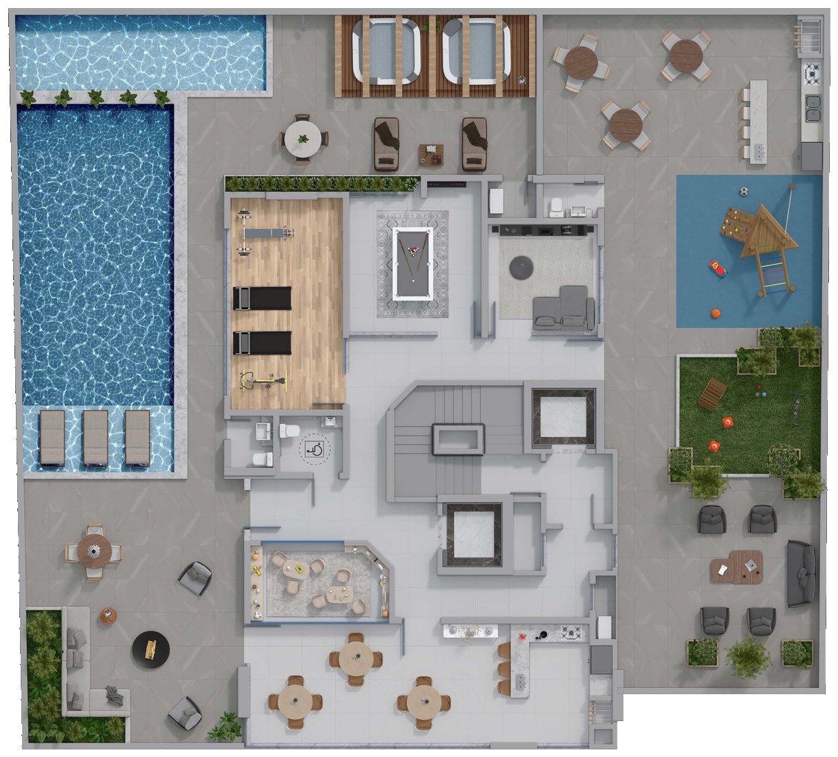 Planta da área de lazer do The Breeze, com piscina, spa, quiosque e praça do fogo, na Meia Praia, Itapema