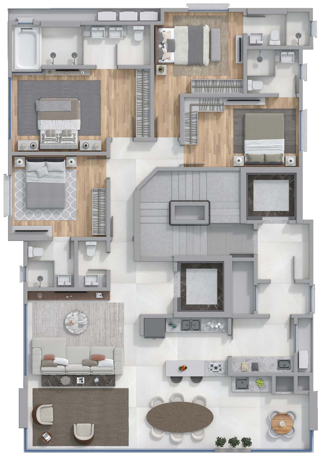 Planta do apartamento tipo do The Breeze, com 155 m² e 4 suítes, na Meia Praia, Itapema