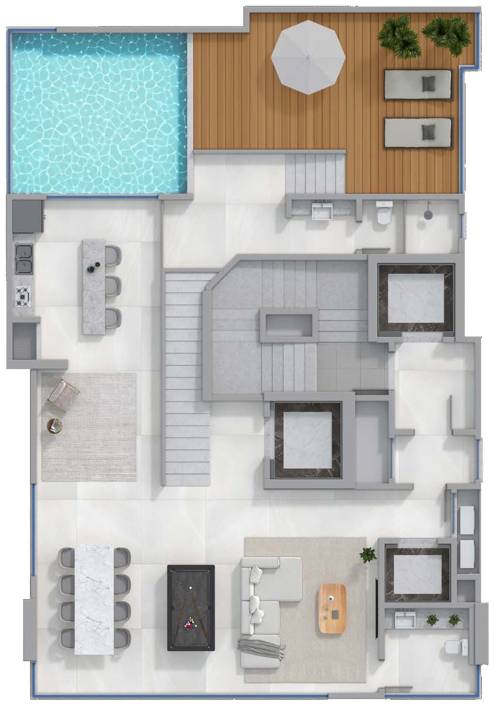 Planta do terraço do triplex de 464 m² do The Breeze, com piscina e salão de festas, em Itapema