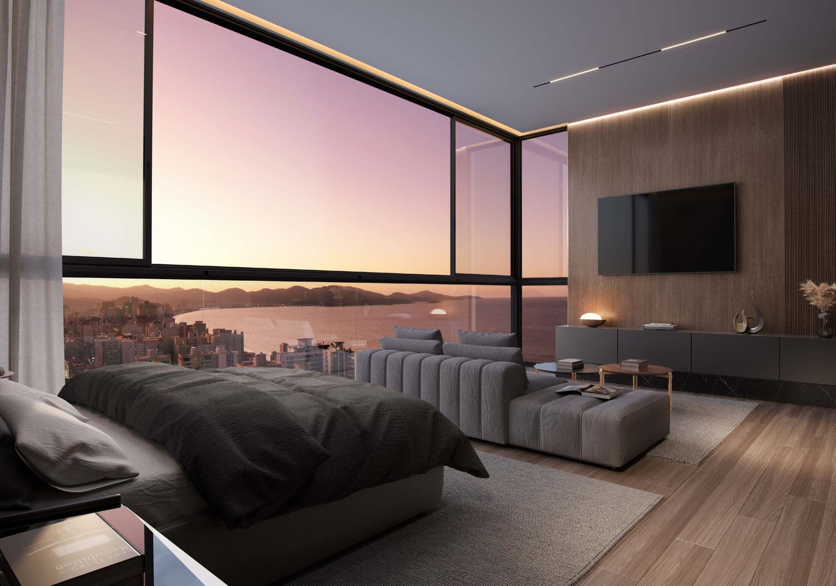 Suíte máster do triplex do The Breeze, com vista para o pôr do sol em Itapema