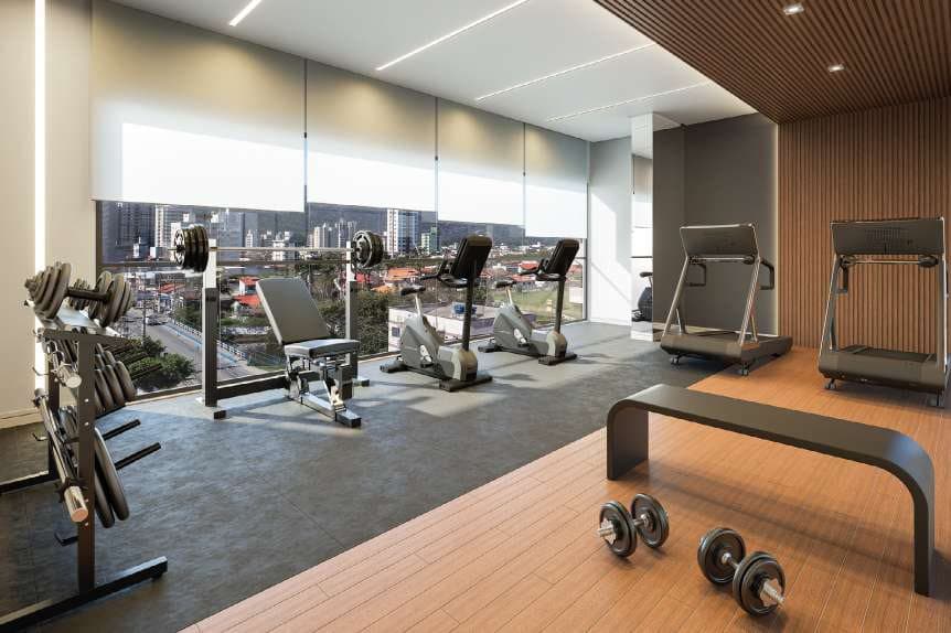 Espaço fitness do Thiesen Residence, quadra mar na Meia Praia