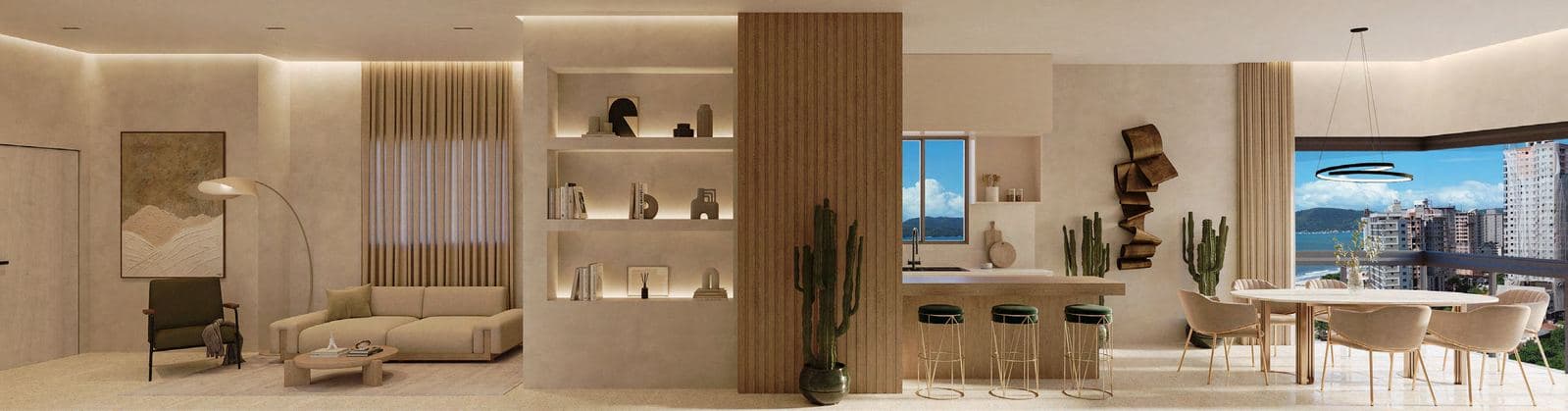 Living integrado com pé-direito de 3,20 m de um apartamento quadra mar do Tower23, na Meia Praia, Itapema