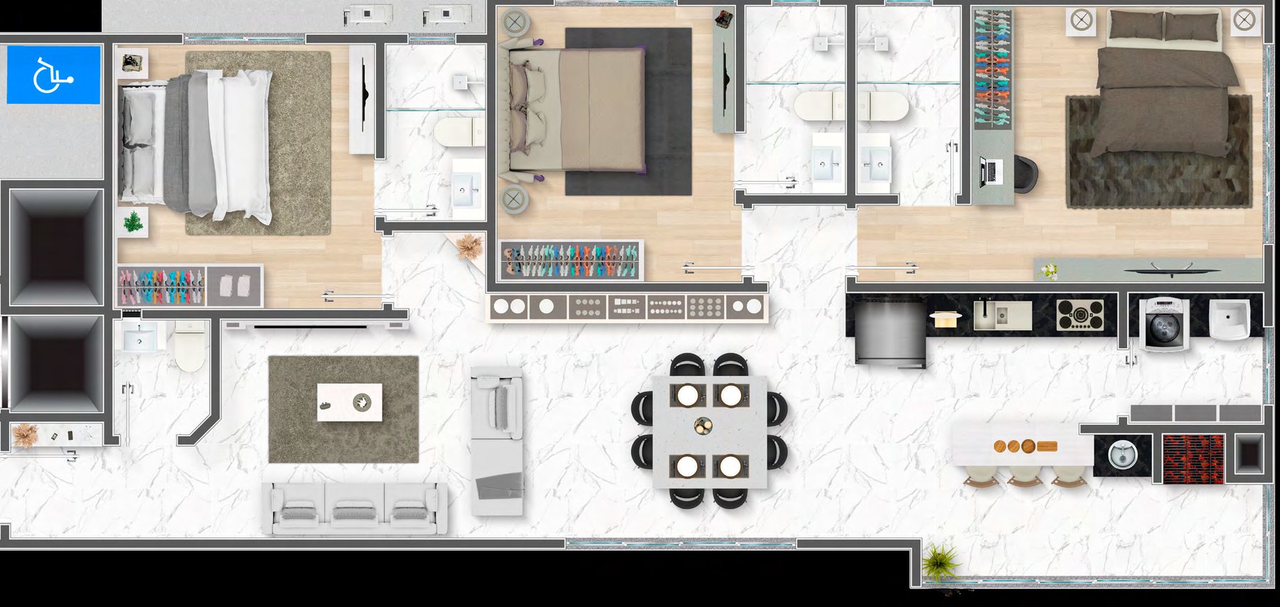 Plantas dos apartamentos tipo 01 e tipo 02 do Tower23, quadra mar em Meia Praia, Itapema