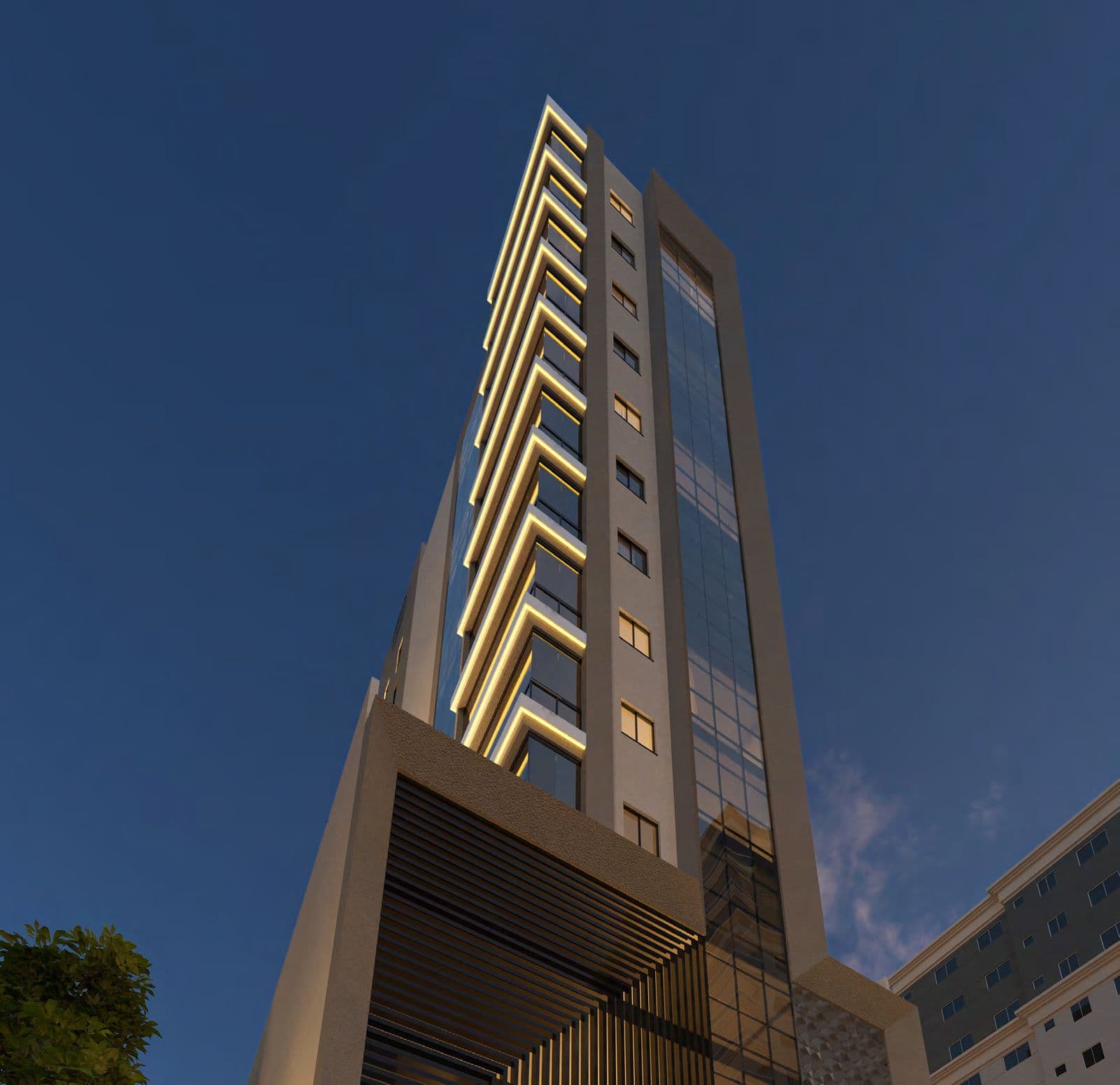 Fachada iluminada do Tower23 à noite, na Rua 323, quadra mar em Meia Praia, Itapema
