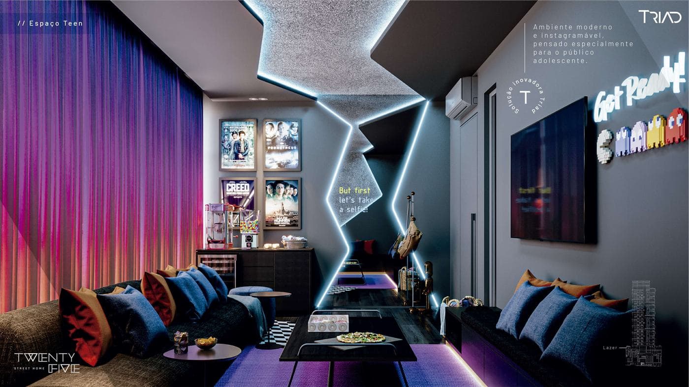 Espaço Teen do Twenty Five Street Home, com luzes coloridas