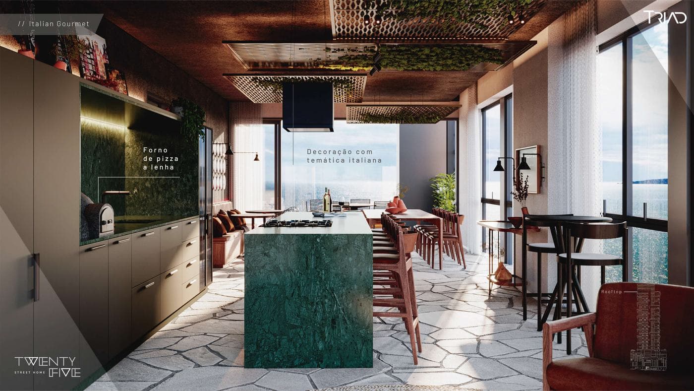 Italian Gourmet do rooftop do Twenty Five Street Home, com forno de pizza a lenha