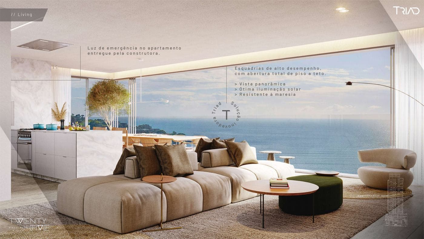 Living do apartamento do Twenty Five Street Home com abertura total para o mar