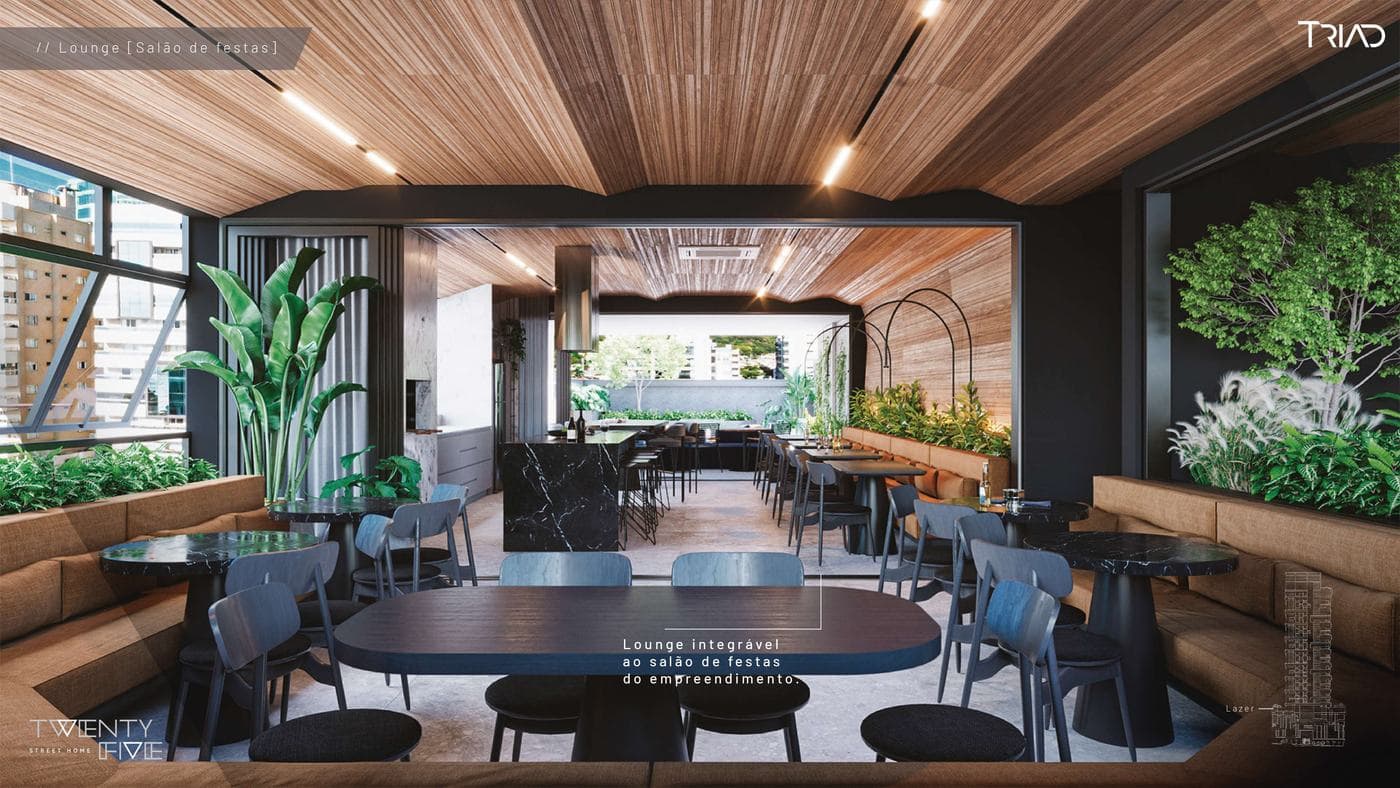 Lounge integrado ao salão de festas do Twenty Five Street Home