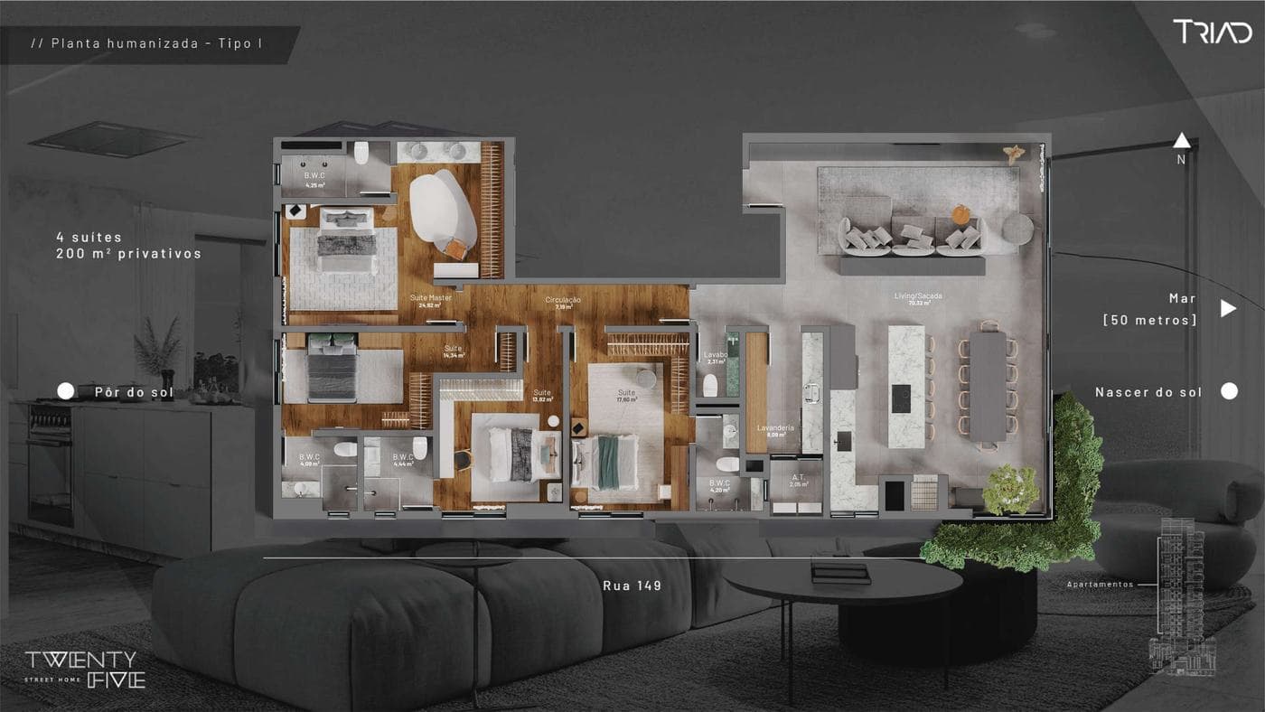 Planta humanizada do apartamento Tipo I do Twenty Five Street Home, com 4 suítes e 200 m²