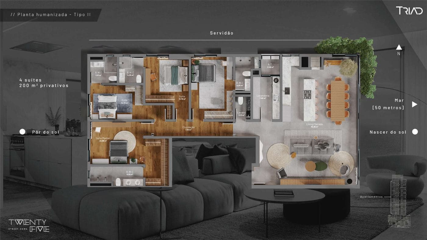 Planta humanizada do apartamento Tipo II do Twenty Five Street Home, com 4 suítes e 200 m²