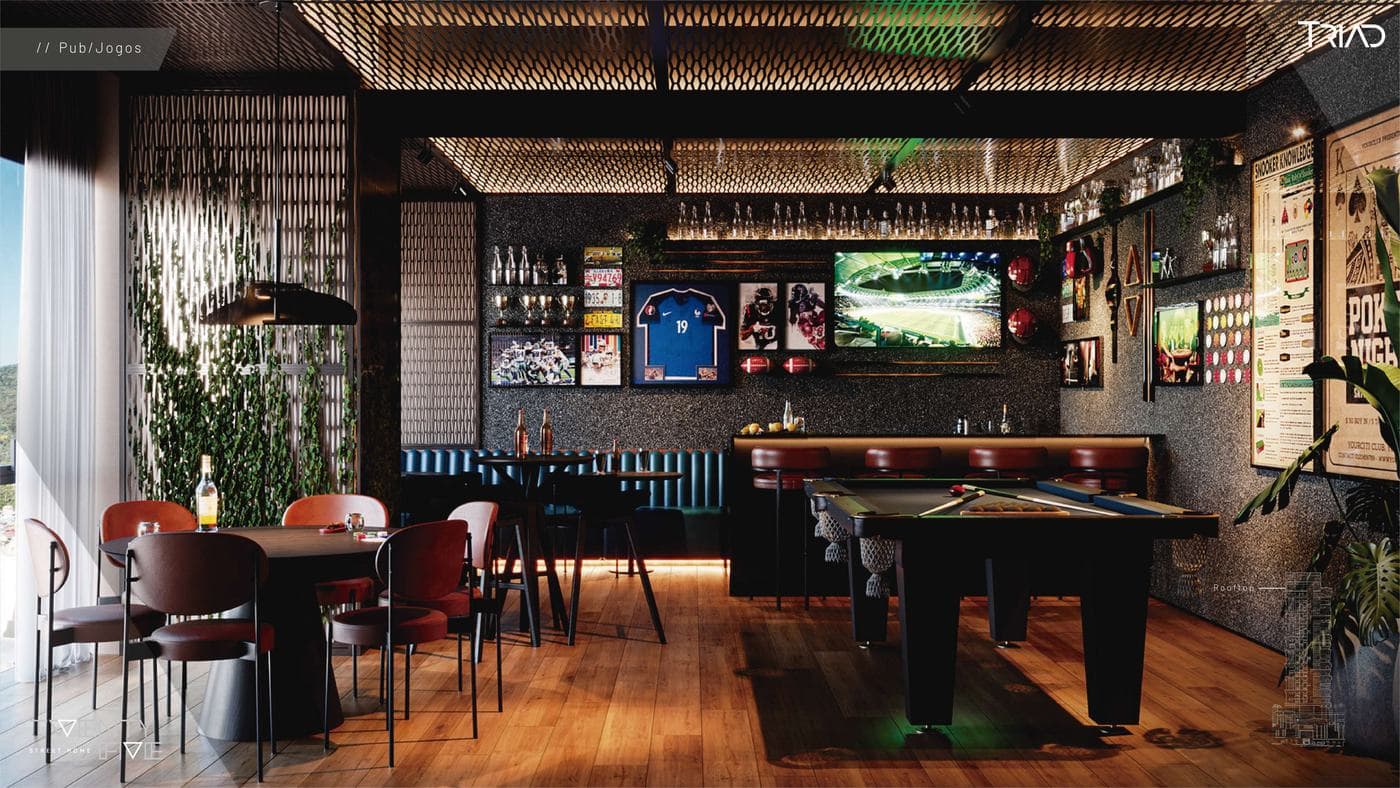 Pub e sala de jogos do rooftop do Twenty Five Street Home, com mesa de sinuca