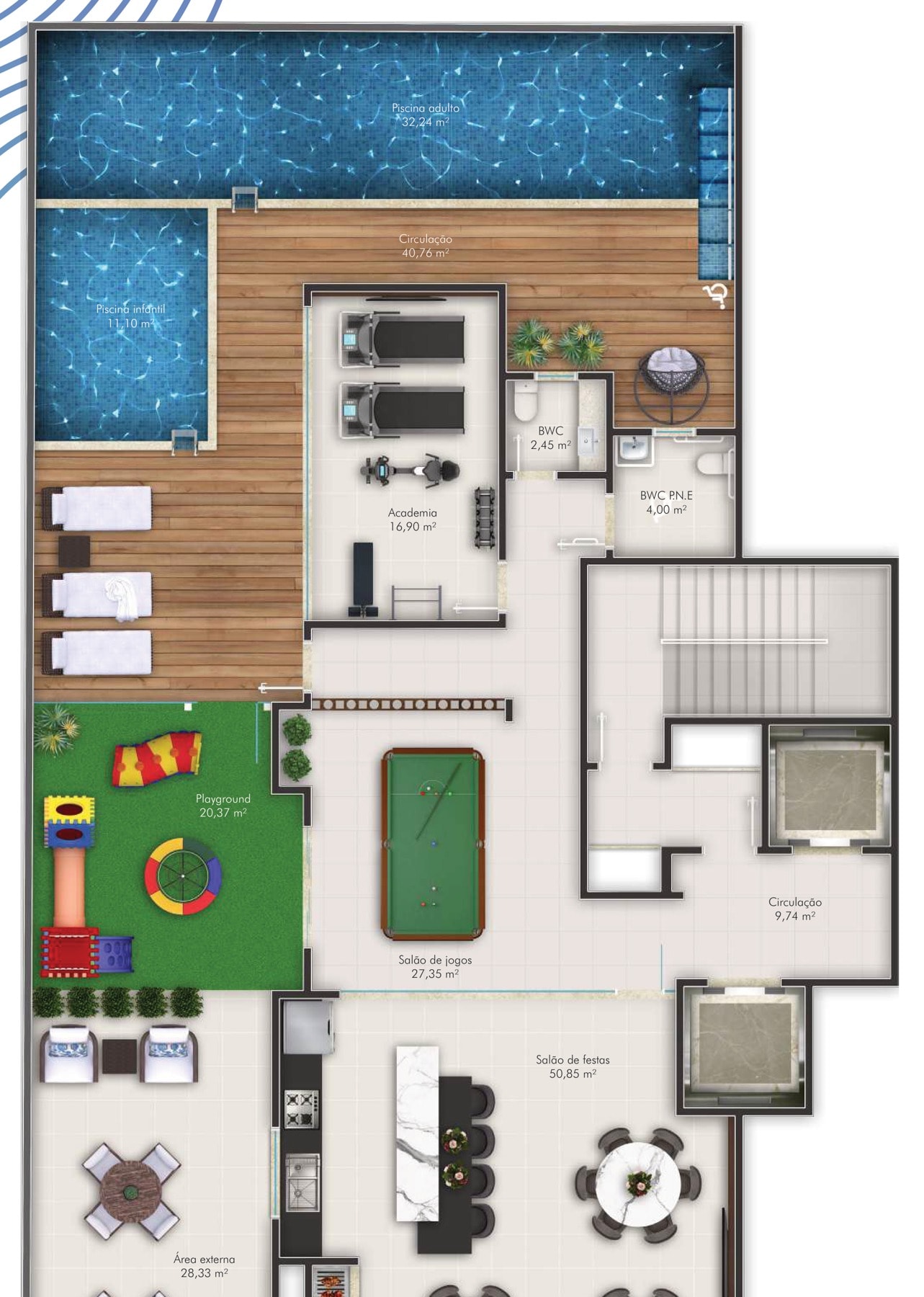 Planta do pavimento de lazer do Vancouver Residence, em Meia Praia, Itapema