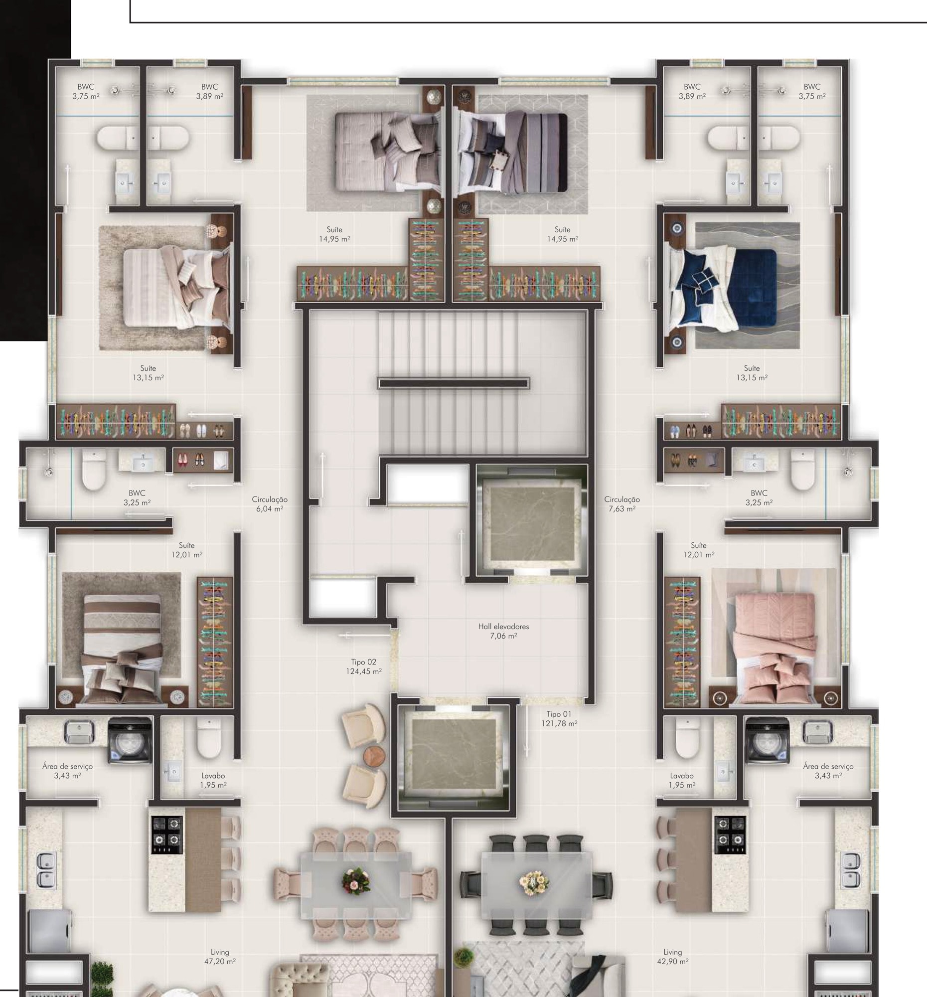 Planta do pavimento tipo do Vancouver Residence: dois apartamentos por andar com 3 suítes