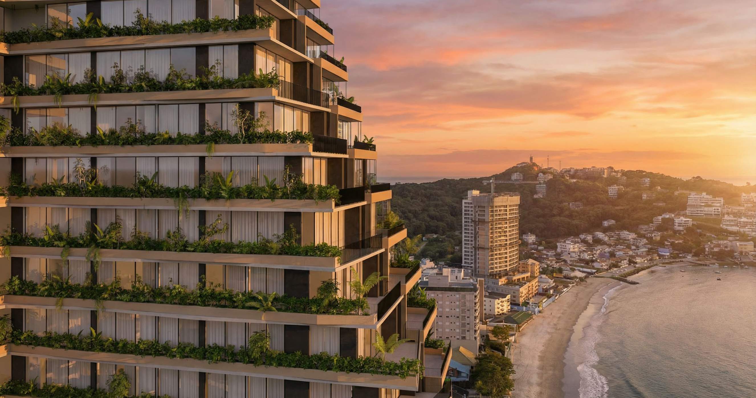 Vedá — torre residencial frente mar no Canto da Praia, Itapema/SC, com vista do oceano e da serra ao pôr-do-sol