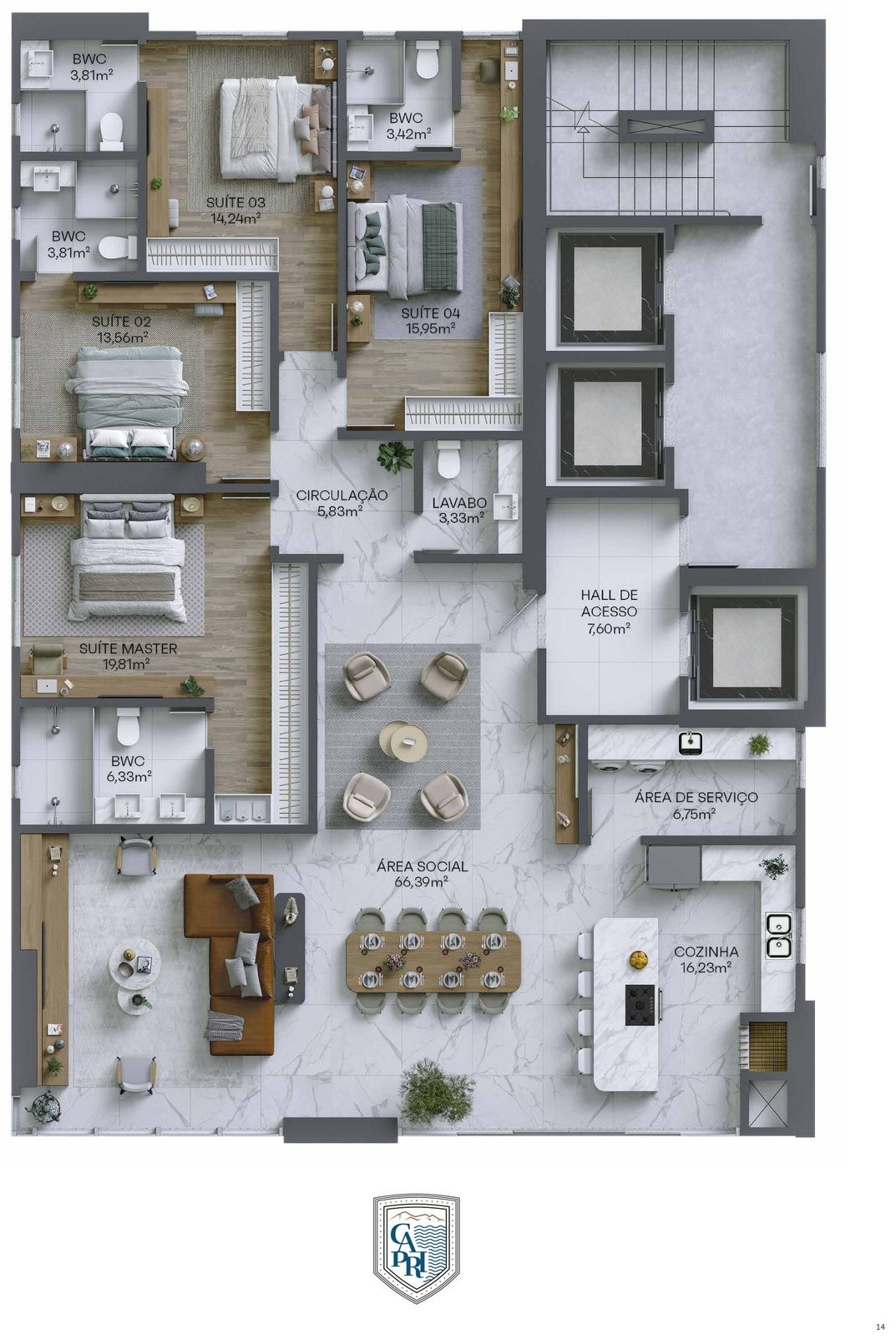 Planta baixa do apartamento de 202 m² com 4 suítes do Villa Di Capri, em Itapema
